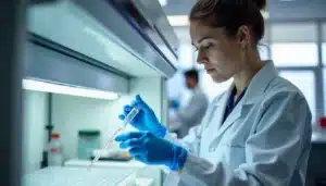 Une technicienne de laboratoire en blouse blanche effectuant un pipetage précis dans un laboratoire d'analyses biologiques moderne