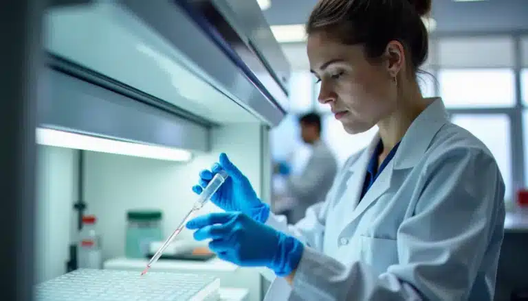 Une technicienne de laboratoire en blouse blanche effectuant un pipetage précis dans un laboratoire d'analyses biologiques moderne