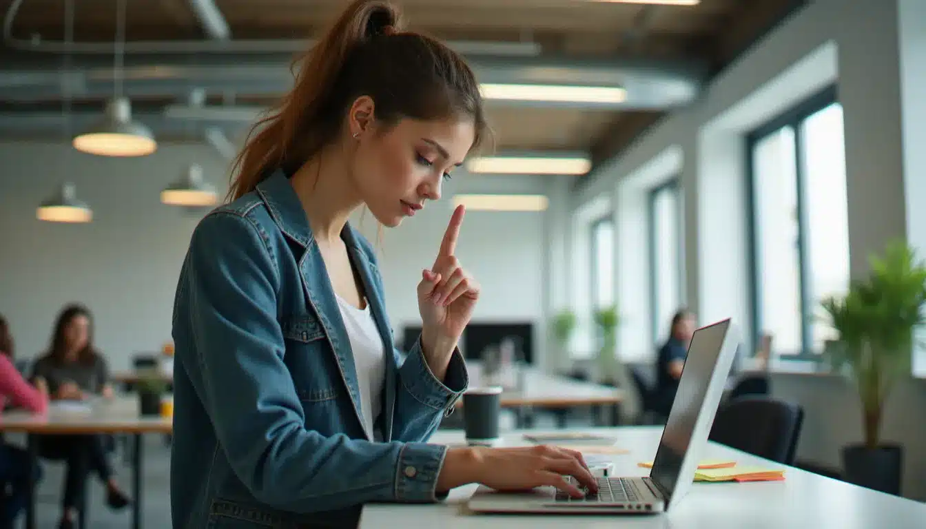Une jeune femme dans un open-space utilise la technique avec les doigts table de 9 devant son ordinateur portable