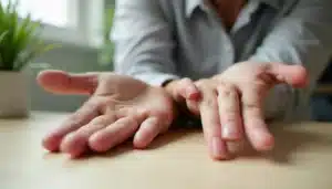 Deux mains posées à plat sur un bureau en bois, un doigt plié illustrant la technique avec les doigts table de 9