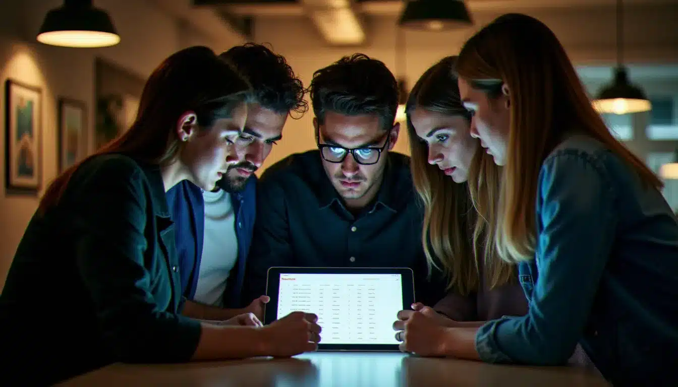 Équipe jury en délibération sur une grille de notation numérique partagée, processus d'évaluation hackathon en temps réel