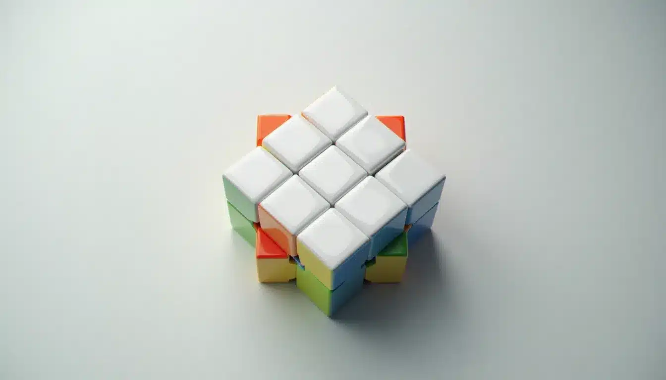 Vue de dessus d'un Rubik's cube avec la première couche blanche résolue, les deux couches supérieures encore mélangées