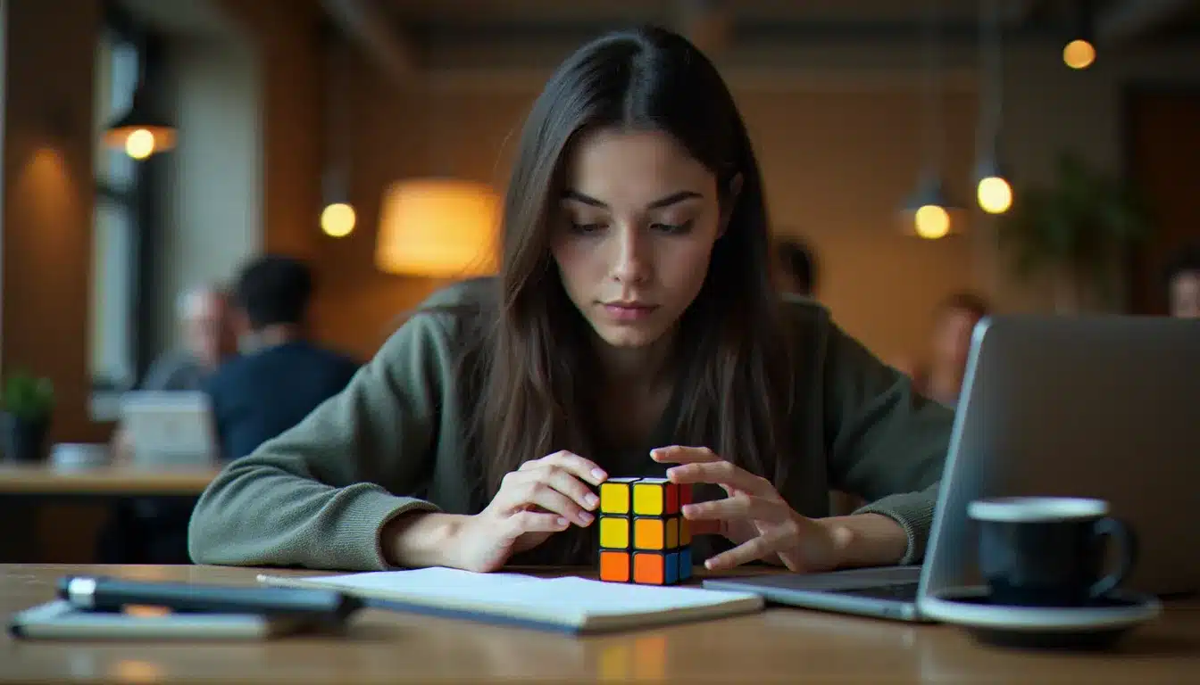 Une jeune femme dans un espace de coworking en train de résoudre la dernière couche jaune de son Rubik's cube, entourée d'un ordinateur portable et d'un carnet