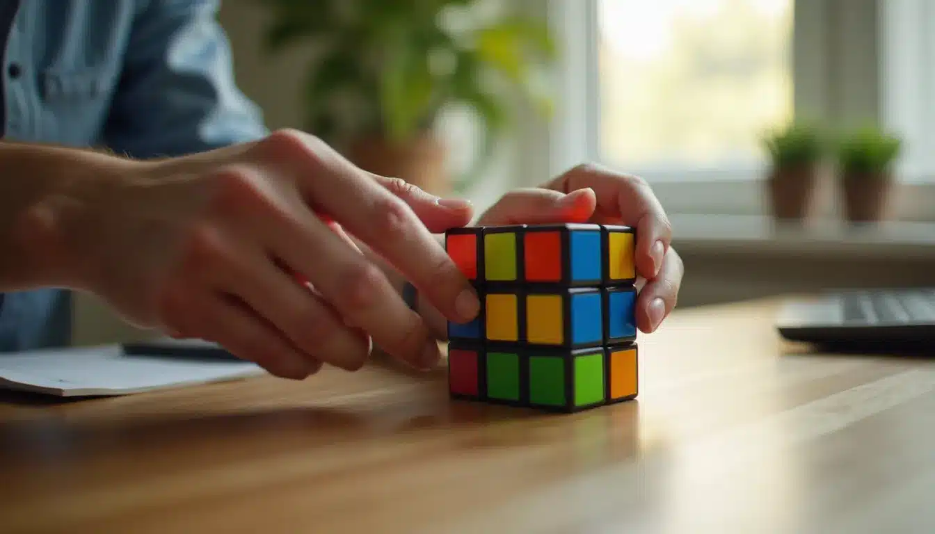 Deux mains en train d'appliquer la technique pour faire un Rubik's cube, vue rapprochée sur un bureau en bois avec lumière naturelle
