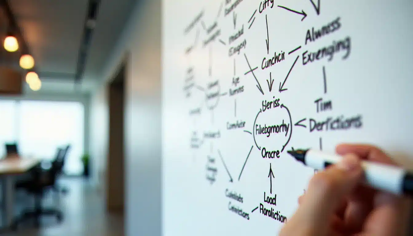 Tableau blanc dans un espace de coworking avec une carte conceptuelle représentant les méthodes de définition philosophique
