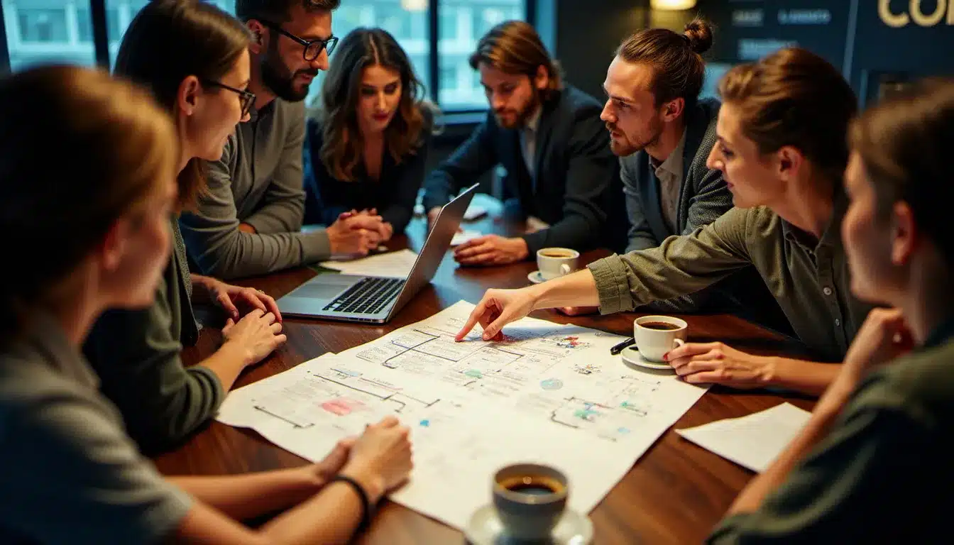 Équipe de jeunes professionnels en session de travail dans un hackathon, appliquant des techniques de définition conceptuelle à un projet commun