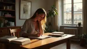 Jeune femme prenant des notes philosophiques sur la technique de définition dans un appartement parisien baigné de lumière naturelle