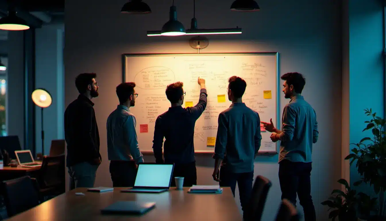 Équipe d'un hackathon collaborant intensément autour d'un tableau blanc, illustrant la dynamique de groupe et la technique effet miroir en situation réelle