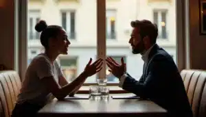 Deux professionnels en conversation naturelle illustrant la technique effet miroir avec des postures synchronisées dans un café parisien