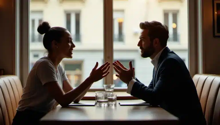 Deux professionnels en conversation naturelle illustrant la technique effet miroir avec des postures synchronisées dans un café parisien