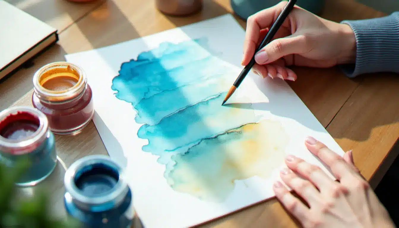 Technique lavis aquarelle montrant des couches transparentes de couleur bleue et ocre sur papier blanc