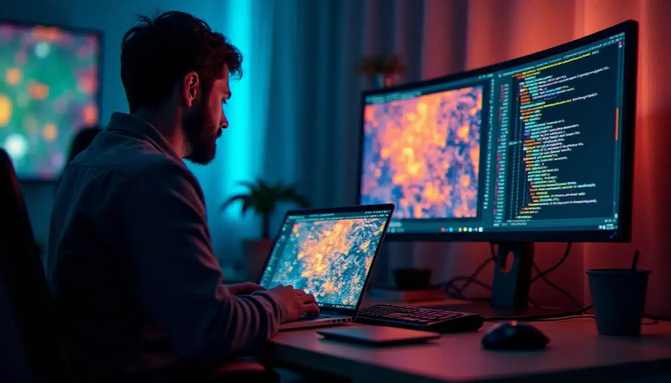 Participant à un hackathon utilisant du creative coding pour générer un effet peinture numérique sur une carte de données urbaines