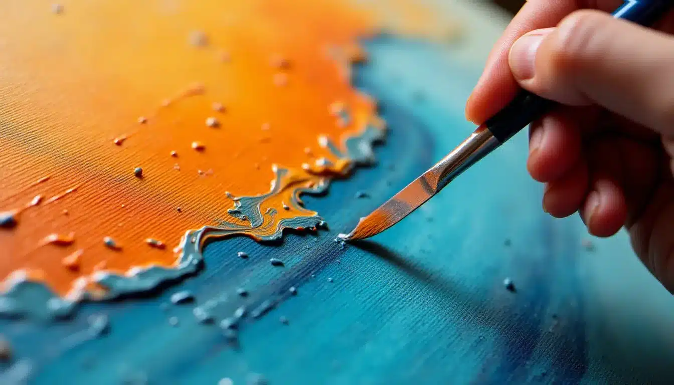 Technique effet peinture impasto appliquée à la spatule sur toile avec des couleurs vives en relief