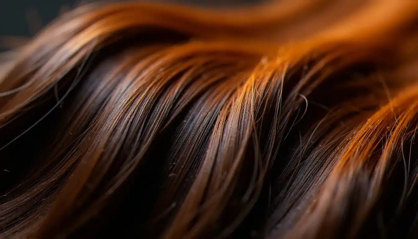 Gros plan sur des cheveux bruns foncés avec des mèches caramel et miel obtenues par technique effet soleil, montrant le dégradé naturel racine-pointe