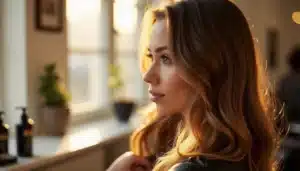 Femme aux cheveux longs avec une technique effet soleil cheveux réussie, reflets dorés naturels sur base brune, lumière naturelle