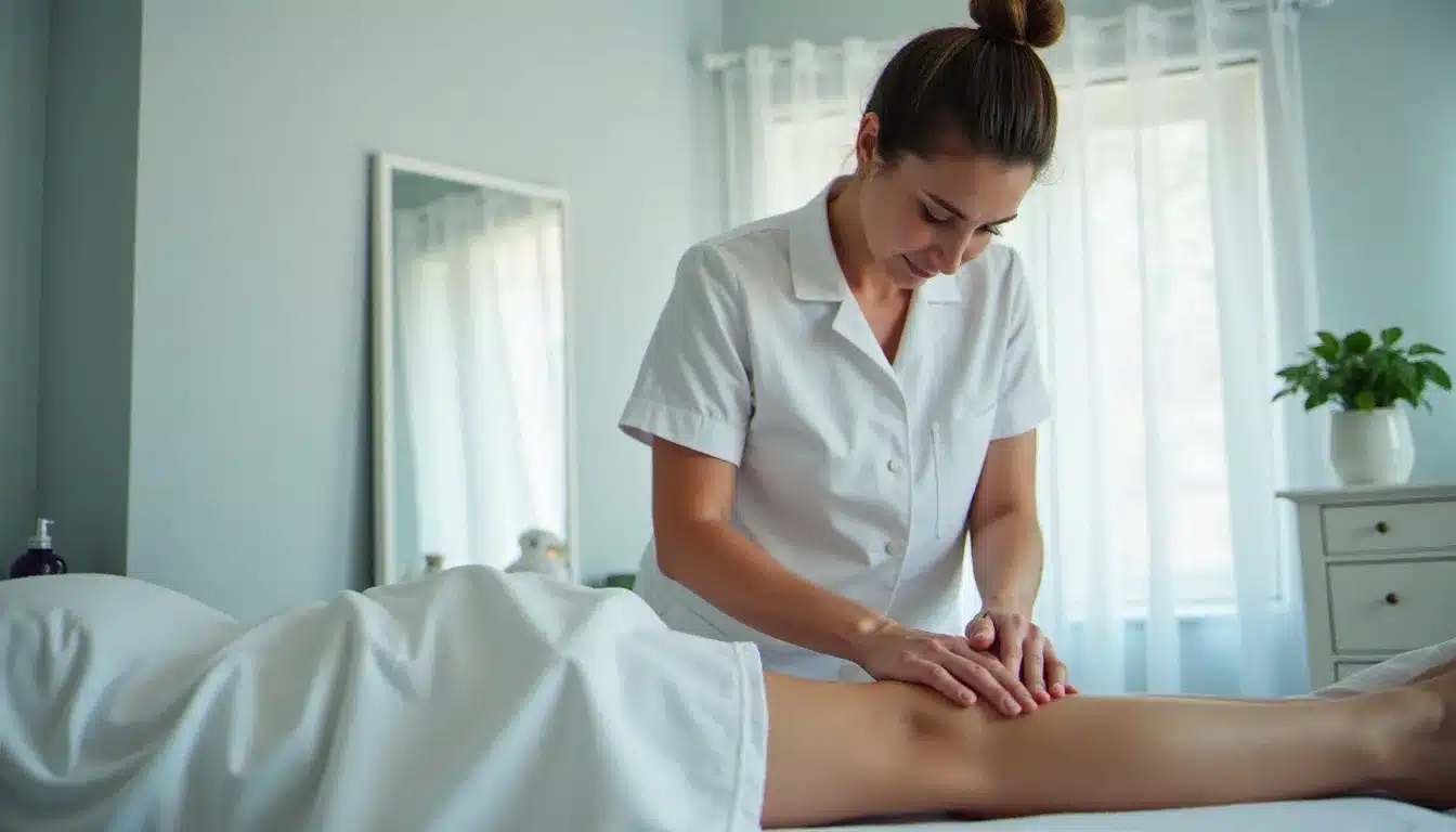 Séance de drainage lymphatique manuel en cabinet spécialisé, traitement professionnel anti-cellulite réalisé par une kinésithérapeute