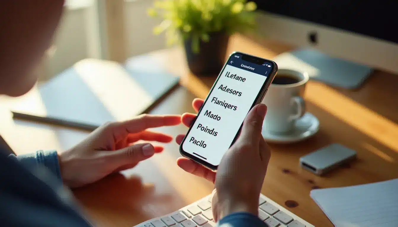 Gros plan sur des mains utilisant une application de cartes mémoire en anglais sur smartphone, illustrant la méthode de répétition espacée pour apprendre le vocabulaire