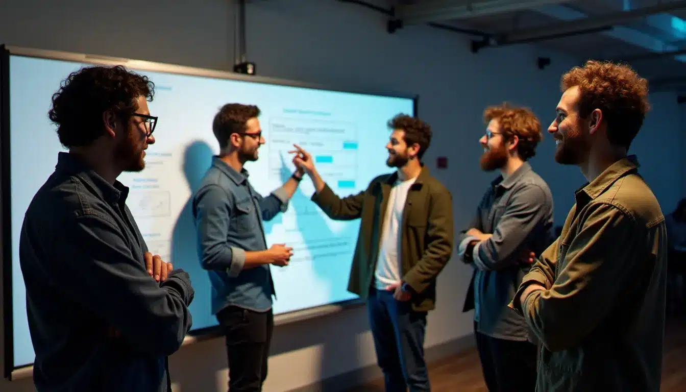 Équipe de développeurs répétant leur pitch en anglais lors d'un hackathon, illustrant l'immersion partielle comme technique d'apprentissage en situation réelle