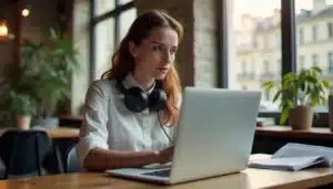 Une professionnelle utilisant une technique efficace pour apprendre l'anglais dans un espace de coworking parisien, avec un article technique en anglais sur son écran et des notes manuscrites