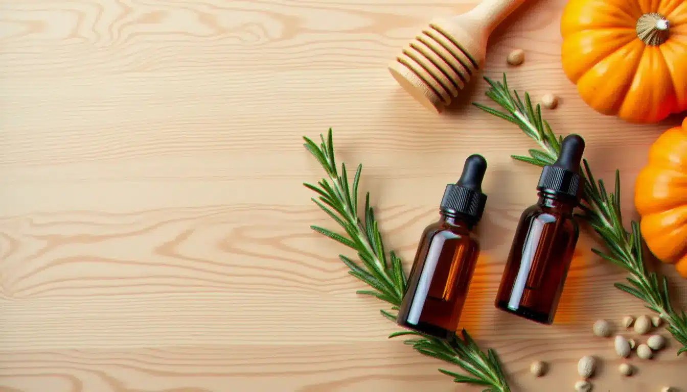 Vue de dessus de flacons d'huile de ricin et de jojoba, brins de romarin frais et masseur de cuir chevelu en bois disposés sur une surface en bois clair