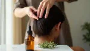 Femme appliquant une technique naturelle pour faire pousser les cheveux par massage du cuir chevelu, avec une huile de romarin posée sur du marbre blanc
