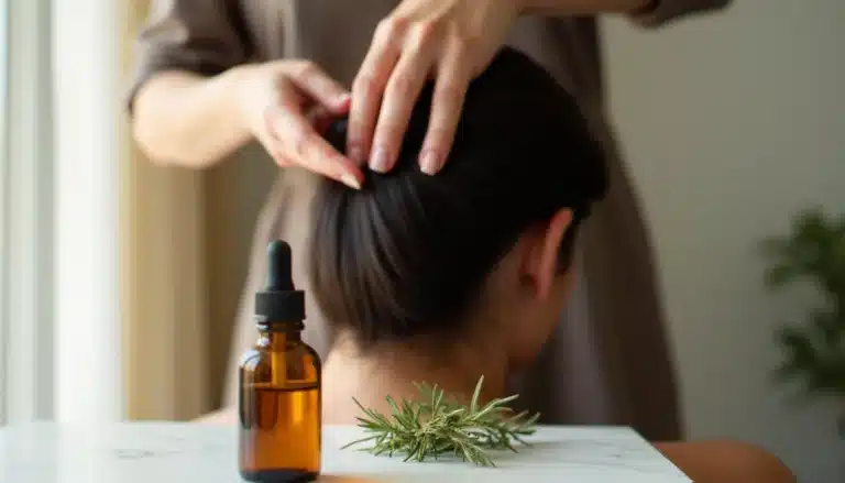 Femme appliquant une technique naturelle pour faire pousser les cheveux par massage du cuir chevelu, avec une huile de romarin posée sur du marbre blanc