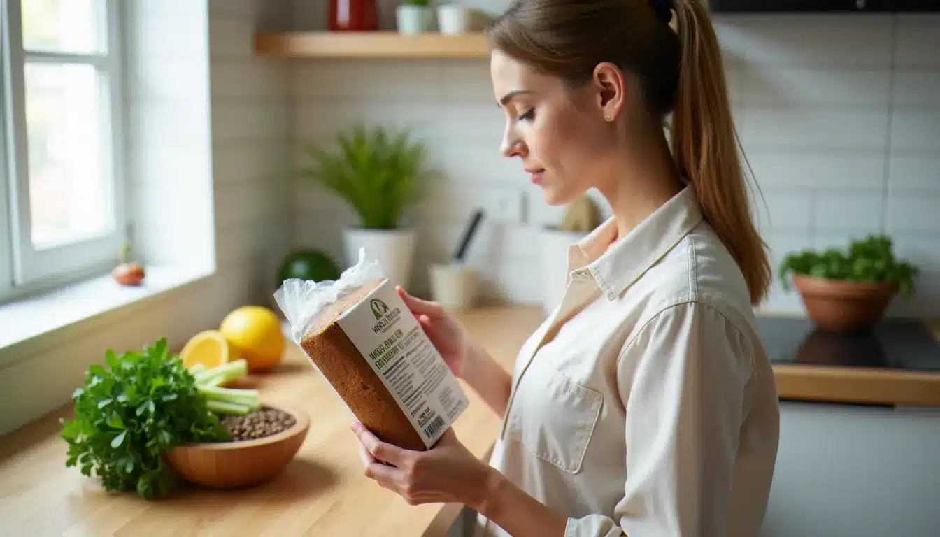 Femme vérifiant la teneur en fibres d'un pain complet dans une cuisine lumineuse, entourée d'aliments favorisant un transit intestinal naturel