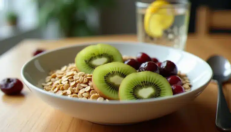 Bol de petit-déjeuner sain riche en fibres naturelles pour favoriser le transit intestinal, illustrant une technique naturelle contre la constipation