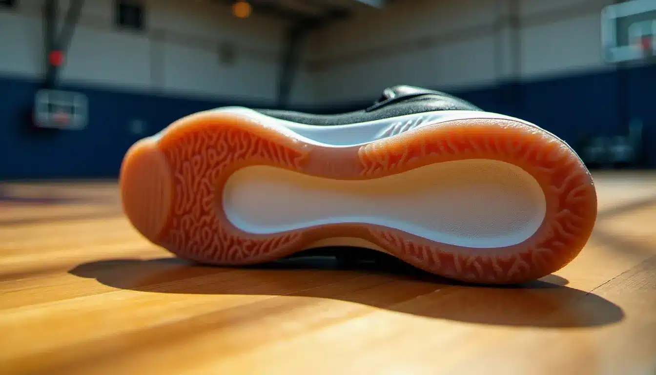 Semelle de basket de basketball en coupe, révélant la mousse de cushioning et la tige mesh, facteurs clés de variation du prix d'une technique basket