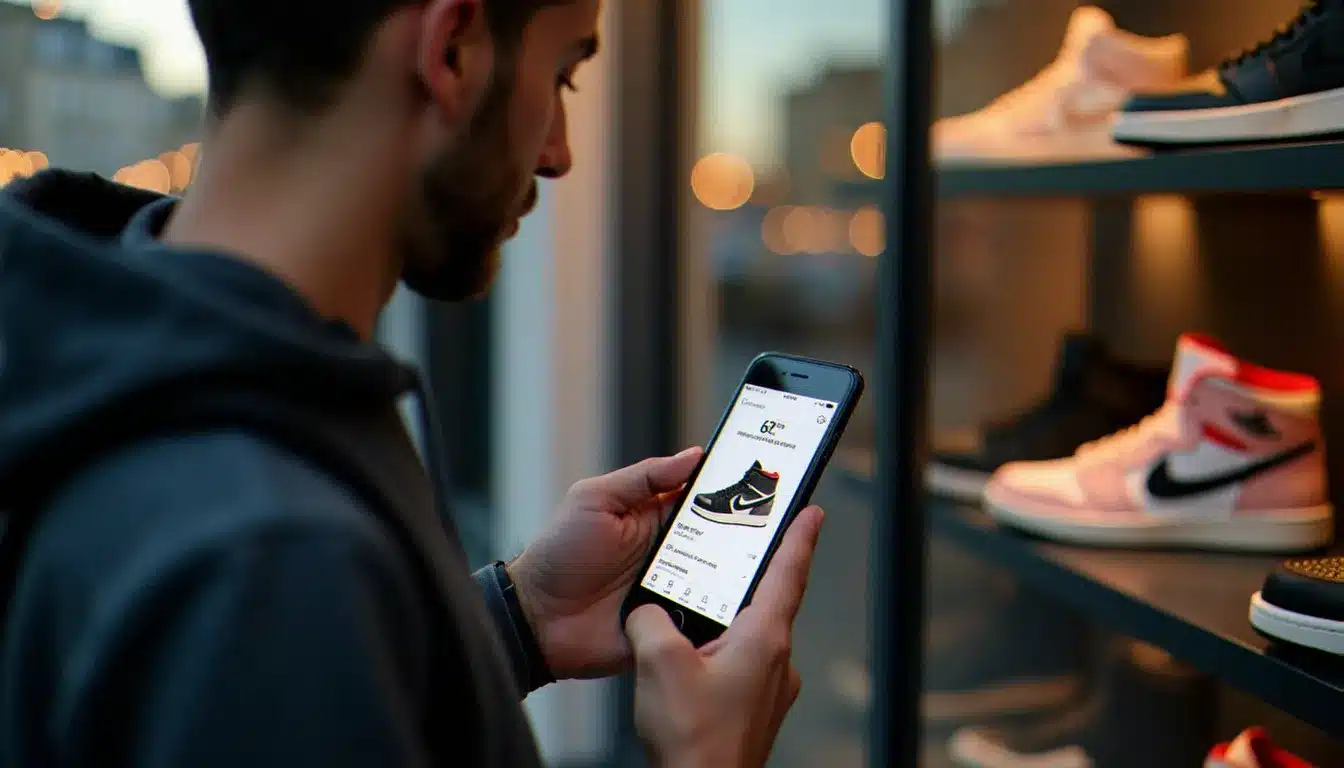 Acheteur comparant les prix de baskets sur smartphone devant une vitrine de sport à Paris, illustrant la recherche du bon canal et du bon moment pour la technique prix basket