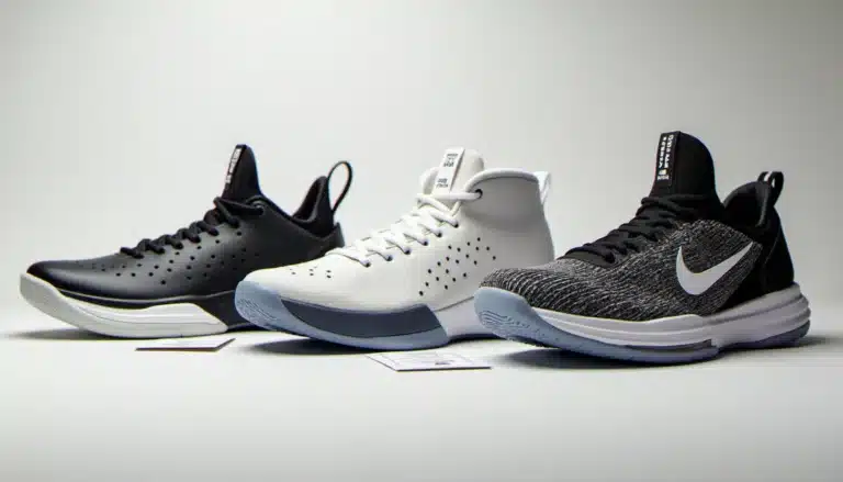 Trois paires de baskets de basketball aux prix différents posées sur une surface blanche, illustrant la technique prix basket et les gammes disponibles