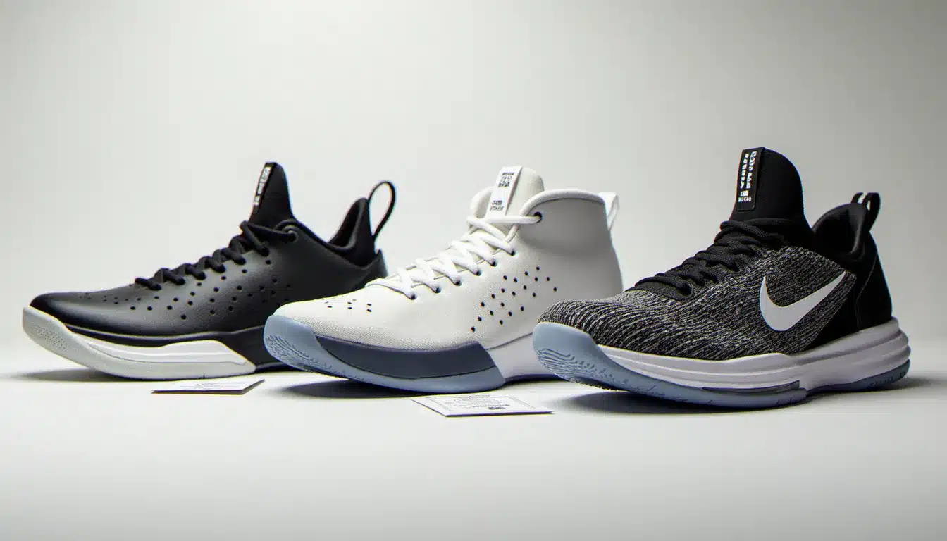 Trois paires de baskets de basketball aux prix différents posées sur une surface blanche, illustrant la technique prix basket et les gammes disponibles