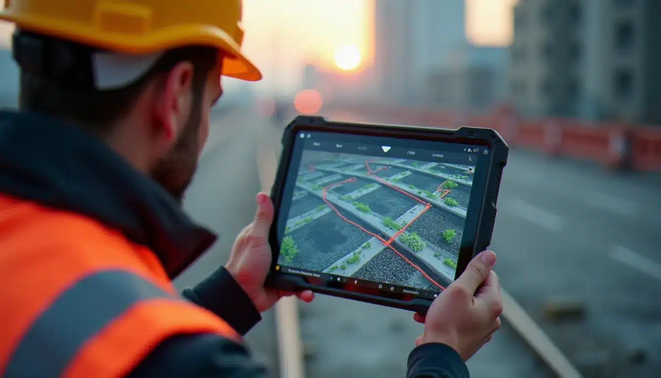 Ingénieur consultant une cartographie 3D des réseaux souterrains sur tablette, phase de diagnostic préalable à une intervention sans tranchée