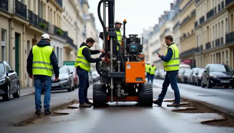 Machine de forage dirigé horizontal en action sur une rue parisienne, illustrant la technique sans tranchée avec une perturbation minimale de la voirie