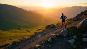 Coureur de trail sur un sentier volcanique en Haute-Loire, terrain typique du Techni'Trail Tiranges 2026