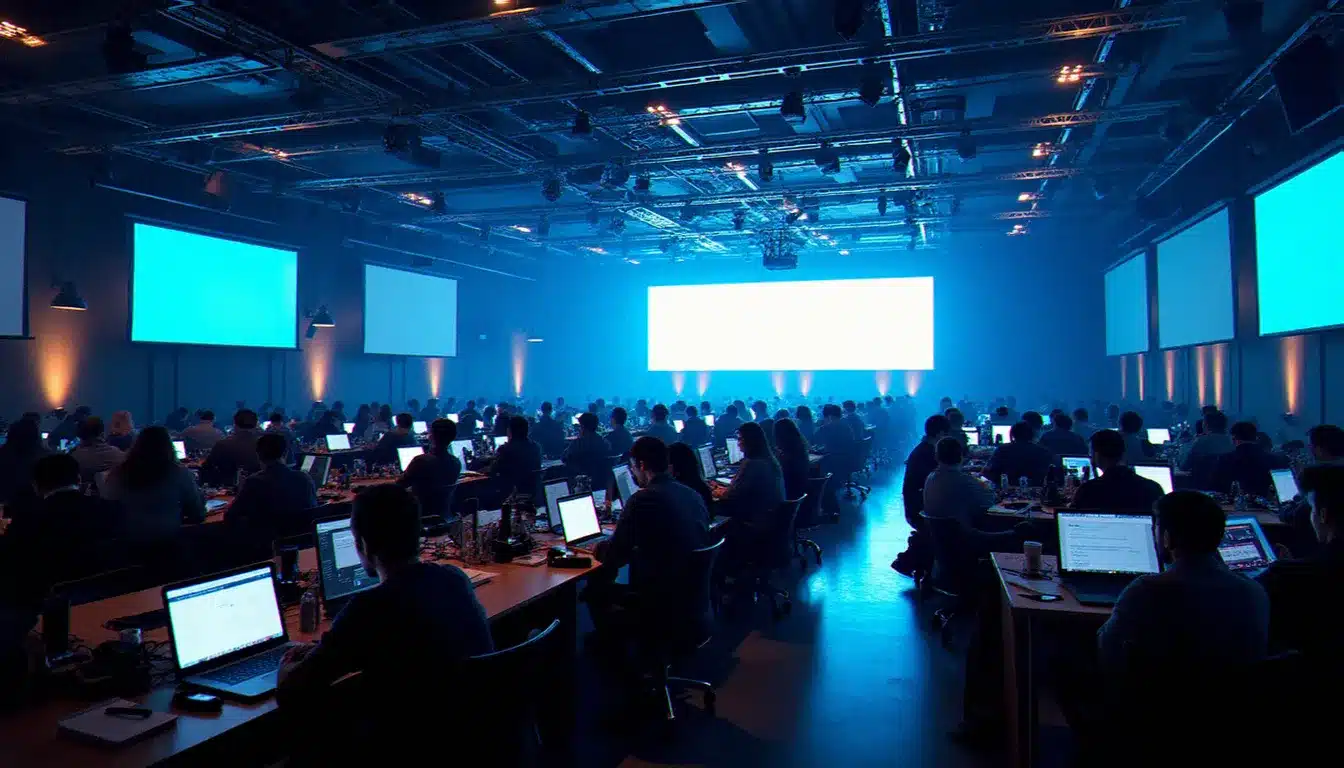 Vue d'ensemble d'un hackathon réunissant des centaines de participants autour de défis liés aux technologies de rupture