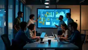 Équipe pluridisciplinaire travaillant sur un prototype de technologie de rupture lors d'un hackathon parisien