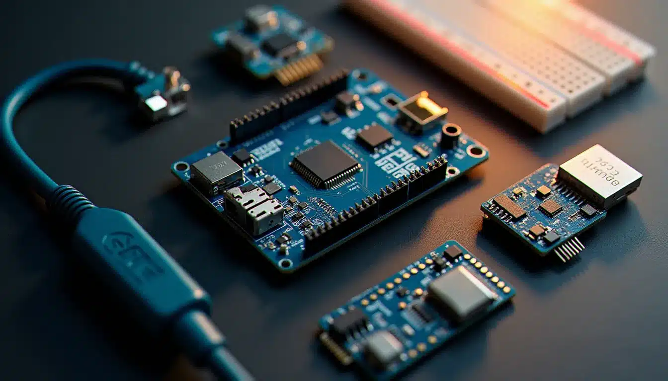 Vue de dessus de composants électroniques sans fil incluant un microcontrôleur ESP32, une antenne LoRa et un module Bluetooth sur une surface sombre