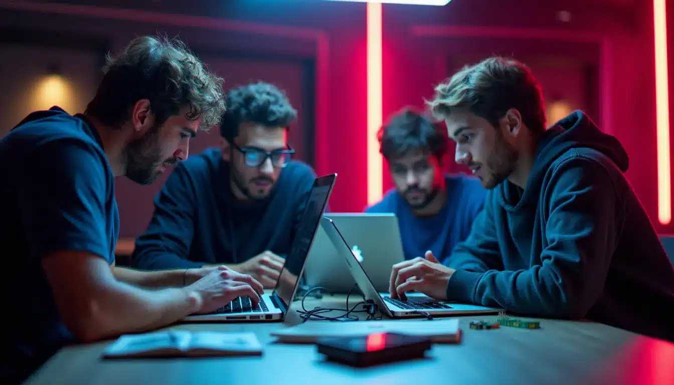 Équipe de quatre développeurs travaillant sur un prototype connecté lors d'un hackathon, avec un Raspberry Pi équipé d'une antenne sans fil visible sur la table