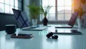 Environnement de bureau connecté avec plusieurs appareils utilisant la technologie sans fil posés sur un bureau blanc, signaux radio visibles autour des appareils