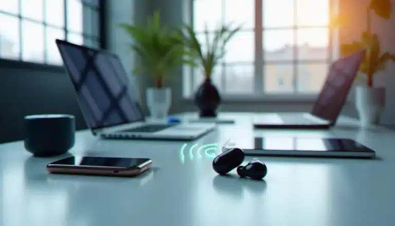 Environnement de bureau connecté avec plusieurs appareils utilisant la technologie sans fil posés sur un bureau blanc, signaux radio visibles autour des appareils