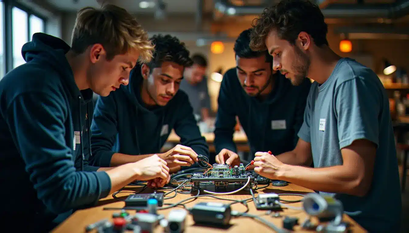 Équipe de jeunes ingénieurs assemblant un prototype de système vacuum tech lors d'un hackathon dans un espace maker