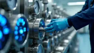 Système de vacuum tech industriel avec pompe à vide en acier inoxydable, manomètres et indicateurs de pression dans un environnement de salle blanche