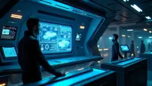 Interface holographique d'un tech broker humain dans une station spatiale futuriste d'Elite Dangerous, représentant l'échange de modules avancés