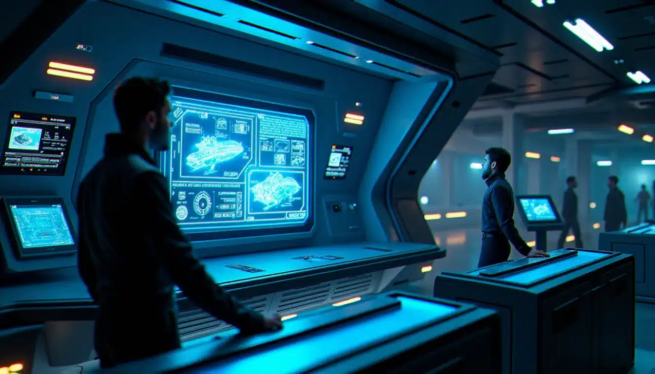 Interface holographique d'un tech broker humain dans une station spatiale futuriste d'Elite Dangerous, représentant l'échange de modules avancés