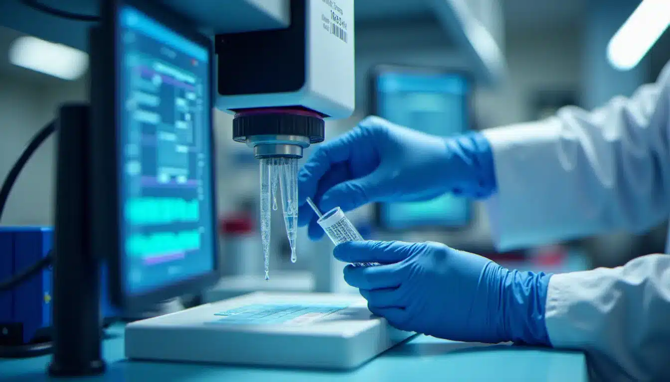 Robot de pipetage automatisé dans un laboratoire de biologie synthétique avec visualisation de données génomiques à l'écran