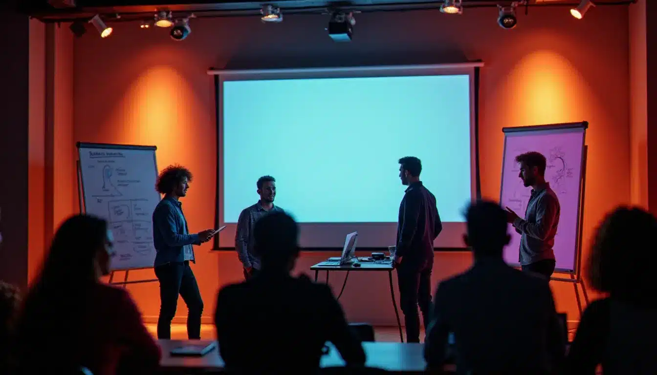 Équipe présentant un prototype de tech bio company lors d'un hackathon, devant un jury d'experts avec un tableau blanc rempli de schémas biologiques