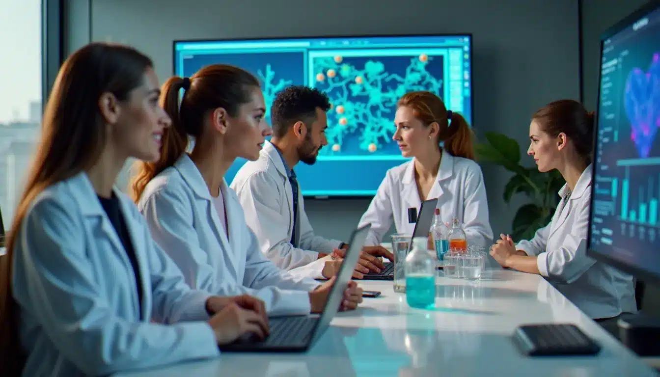 Équipe pluridisciplinaire d'une tech bio company travaillant sur des données biologiques et du code dans un espace de travail moderne à Paris