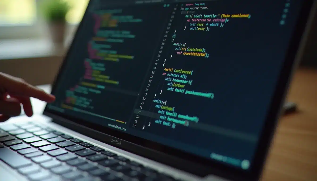 Écran d'un ordinateur portable affichant un défi de code et ses tests unitaires, main posée sur un clavier mécanique, lumière naturelle