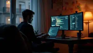 Développeur travaillant tard sur le tech guide Alura dans un appartement parisien, code affiché à l'écran et tableau de bord de progression visible